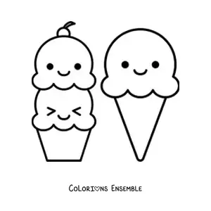 Image à colorier d'une glace à deux parfums et d'un cornet de glace kawaii