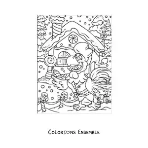 Image à colorier d’un perroquet animé avec une maison en pain d’épices