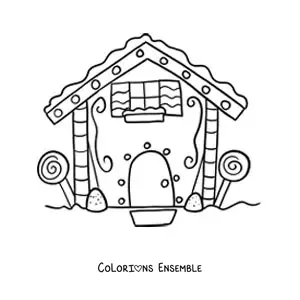 Image à colorier d’une maison en pain d’épices animée