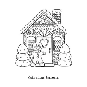 Image à colorier d’une maison en pain d’épices de Noël avec un bonhomme en pain d’épices