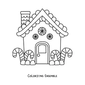 Image à colorier d’une petite maison en pain d’épices avec des cannes de bonbon