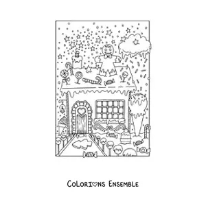 Image à colorier d’une maison en pain d’épices avec un jardin