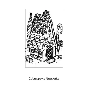 Image à colorier d’une maison en pain d’épices réaliste avec un jardin
