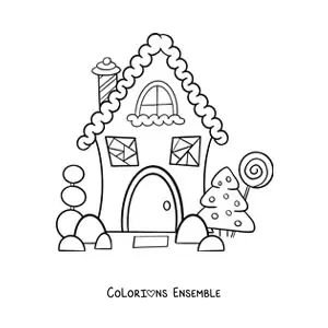Image à colorier d’une maison en pain d’épices avec un pin de Noël