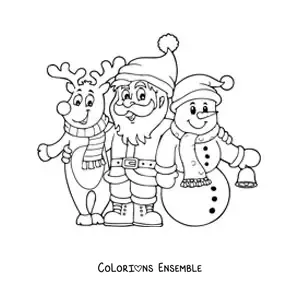 Image à colorier d’un renne de Noël avec le Père Noël et un bonhomme de neige