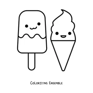 Image à colorier d'une glace à l'eau et d'un cornet de glace kawaii