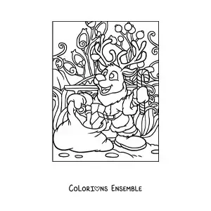 Coloriage d’un renne de Noël animé avec des cadeaux