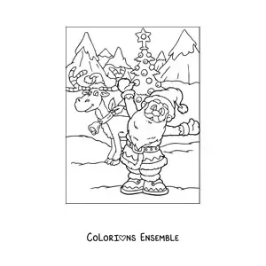 Coloriage d’un renne de Noël animé avec le Père Noël