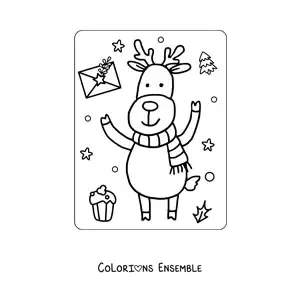 Coloriage d’un renne de Noël kawaii animé avec une écharpe