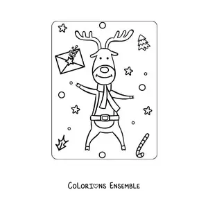 Coloriage d’un renne de Noël animé avec une écharpe