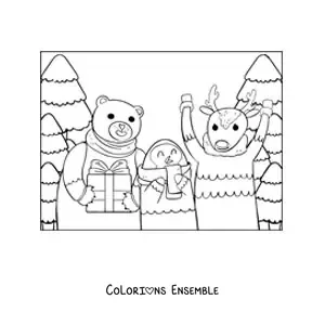 Coloriage d’un renne de Noël avec des animaux et des cadeaux
