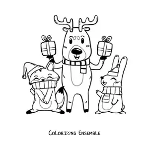 Coloriage d’un renne de Noël avec des animaux et des cadeaux
