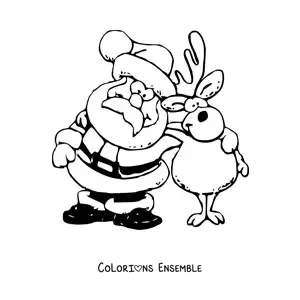 Coloriage d’un renne de Noël avec le Père Noël