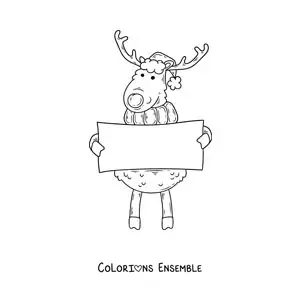 Coloriage d’un renne avec une pancarte et un bonnet de Noël