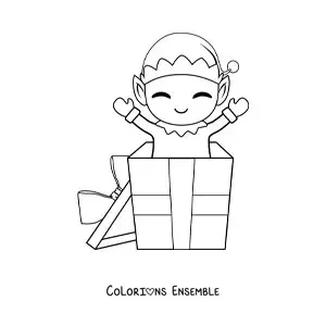 Coloriage d’un lutin de Noël assis sur un cadeau