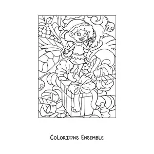 Coloriage d’une fille lutin de Noël avec un cadeau