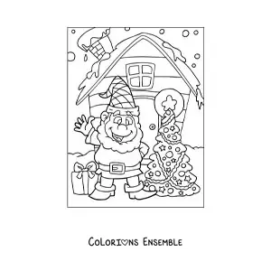 Coloriage d’un lutin de Noël avec un sapin
