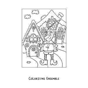 Coloriage d’un lutin de Noël avec une maison en pain d’épices