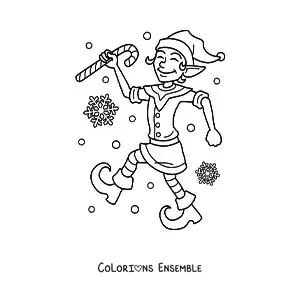 Coloriage d’un lutin de Noël avec une canne en sucre