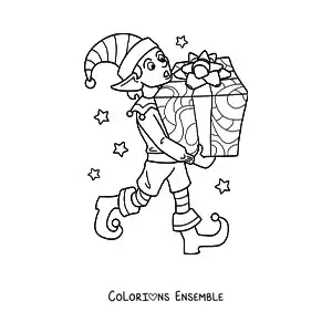 Coloriage d’un lutin de Noël avec un cadeau