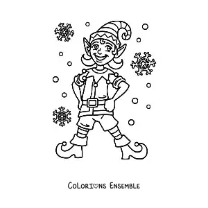 Coloriage d’un lutin de Noël avec des flocons de neige