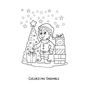 Coloriage d’un lutin de Noël près du sapin et des cadeaux