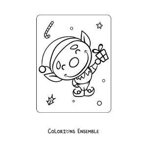 Coloriage d’un lutin de Noël animé avec un cadeau