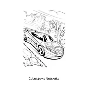 Image à colorier d’une voiture de course à toute vitesse dans un désert