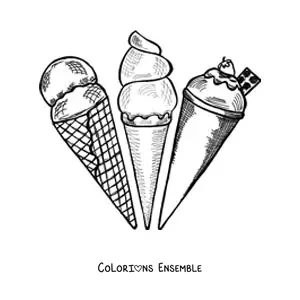 Image à colorier de trois cornets de glace de différents parfums