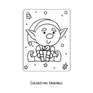 Coloriage d’un lutin de Noël animé assis avec un cadeau