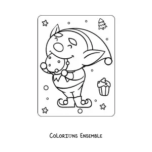 Coloriage d’un lutin de Noël animé en train de manger un biscuit