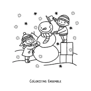 Coloriage d’enfants construisant un bonhomme de neige à Noël