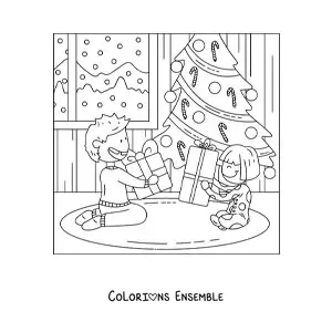 Coloriage d’enfants ouvrant des cadeaux à la maison à Noël