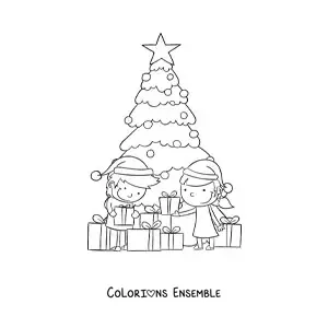 Coloriage d’enfants ouvrant des cadeaux près du sapin de Noël