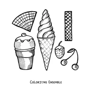 Image à colorier de deux glaces en cornet à la fraise et à la cerise