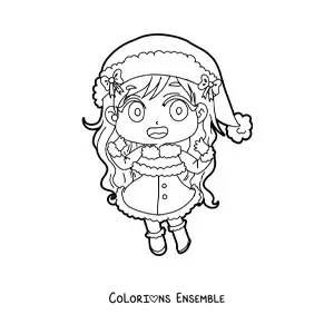Coloriage d’une fille kawaii en robe de Noël style anime