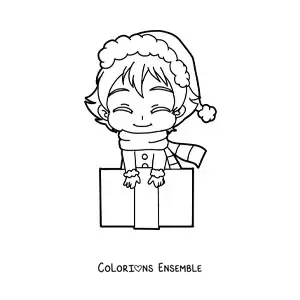 Coloriage d’une fille kawaii avec un cadeau de Noël style anime