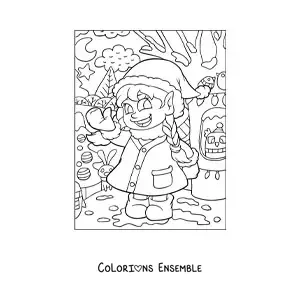 Coloriage d’une fille jouant dans la neige à Noël