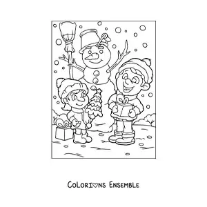 Coloriage d’enfants avec des cadeaux de Noël et un bonhomme de neige