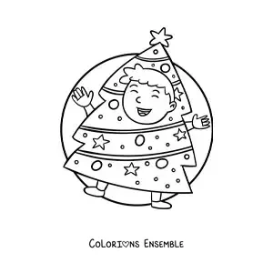 Coloriage d’un garçon déguisé en sapin de Noël