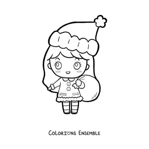Coloriage d’une fille kawaii avec un bonnet de Noël et un sac de cadeaux