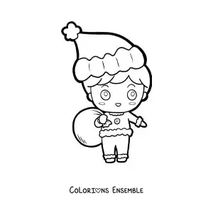 Coloriage d’un garçon kawaii avec un bonnet de Noël et un sac de cadeaux