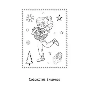 Coloriage d’une fille avec des jouets à Noël