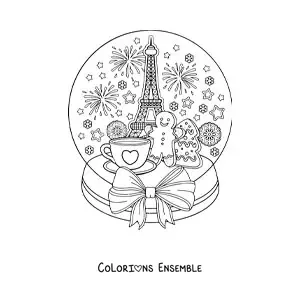 Coloriage d’une boule à neige avec un paysage de Paris
