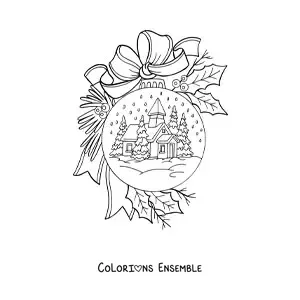 Coloriage d’une boule à neige de Noël posée sur un sapin de Noël