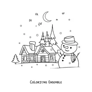 Coloriage d’un bonhomme de neige avec un paysage