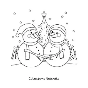 Image à colorier de deux bonshommes de neige dans un paysage
