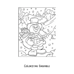 Image à colorier d’un bonhomme de neige avec des cadeaux