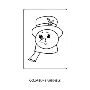 Image à colorier d’un visage de bonhomme de neige kawaii avec un chapeau et une écharpe