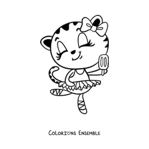 Image à colorier d'une chatte danseuse animée qui mange une glace